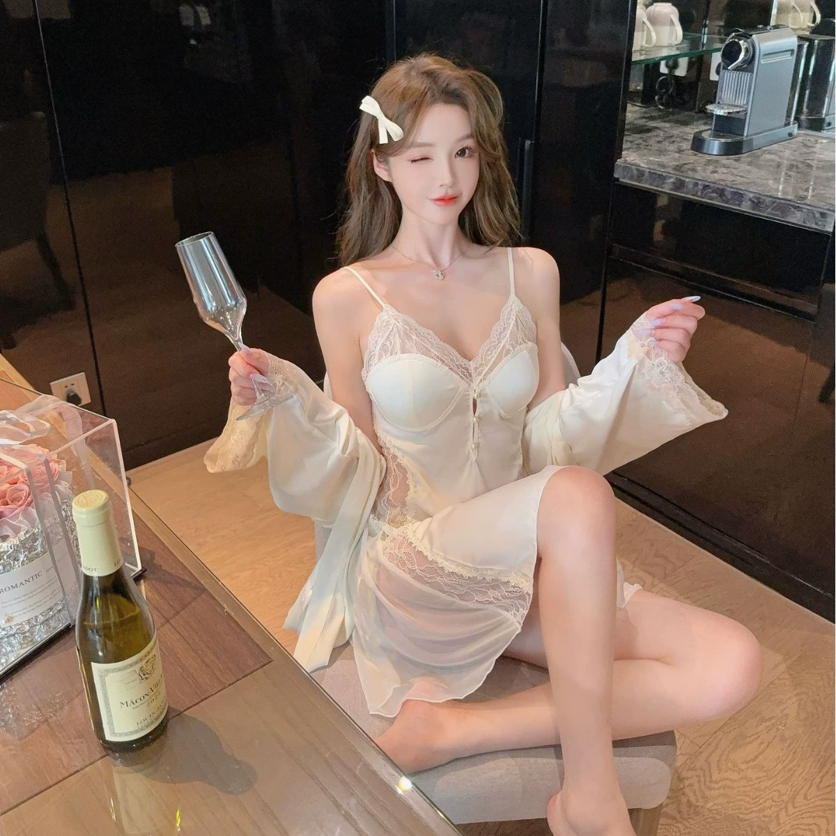 Wedding Qw - Satin 2 Pieces Robe&Strap Nightgown Set